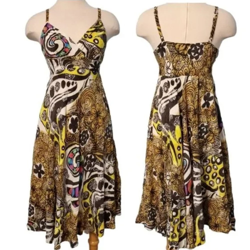 Jams World Lava Blossoms Fit and Flare Dress Small Yellow/Multi-colored